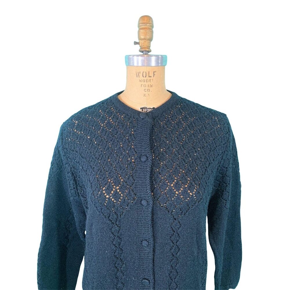 Vintage 60s Black Cardigan Womens Large Acrylic Solid Pointelle Scallop Sweater